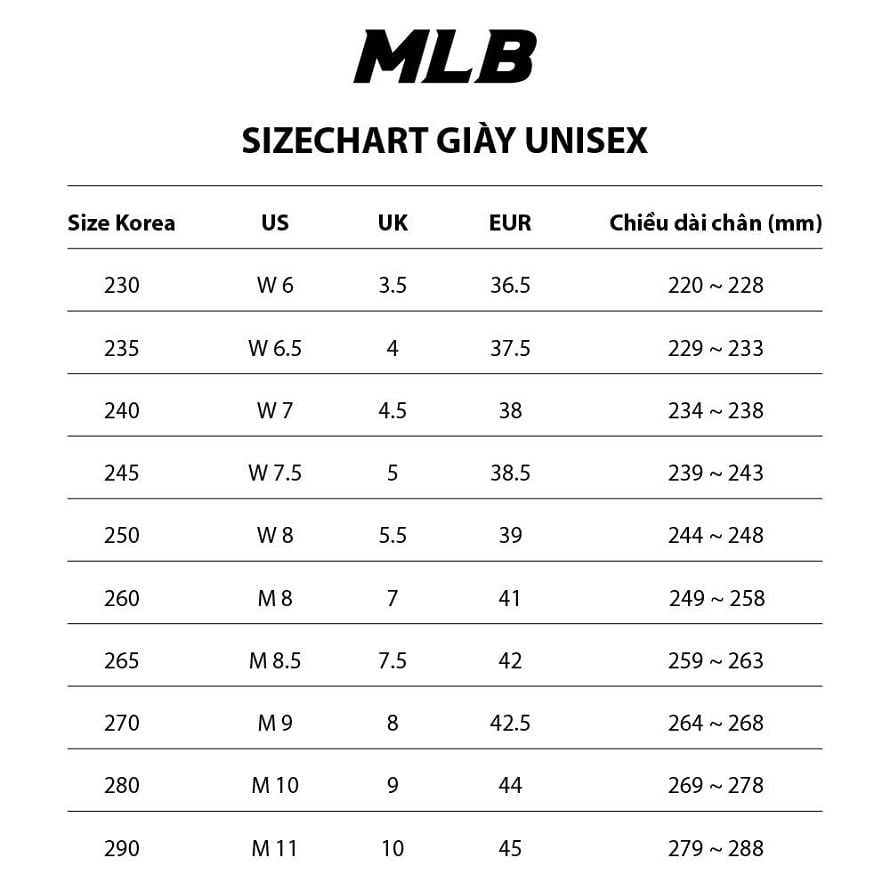 Bảng quy đổi size giày MLB