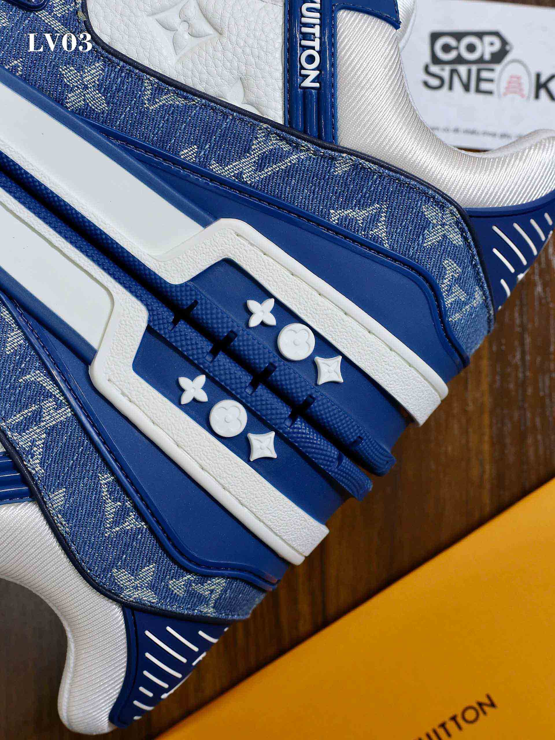 Giày Louis Vuitton LV Trainer Monogram Denim White Blue Like Auth
