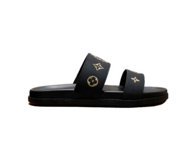 Dép Louis Vuitton nam màu đen họa tiết hoa vàng Best Quality