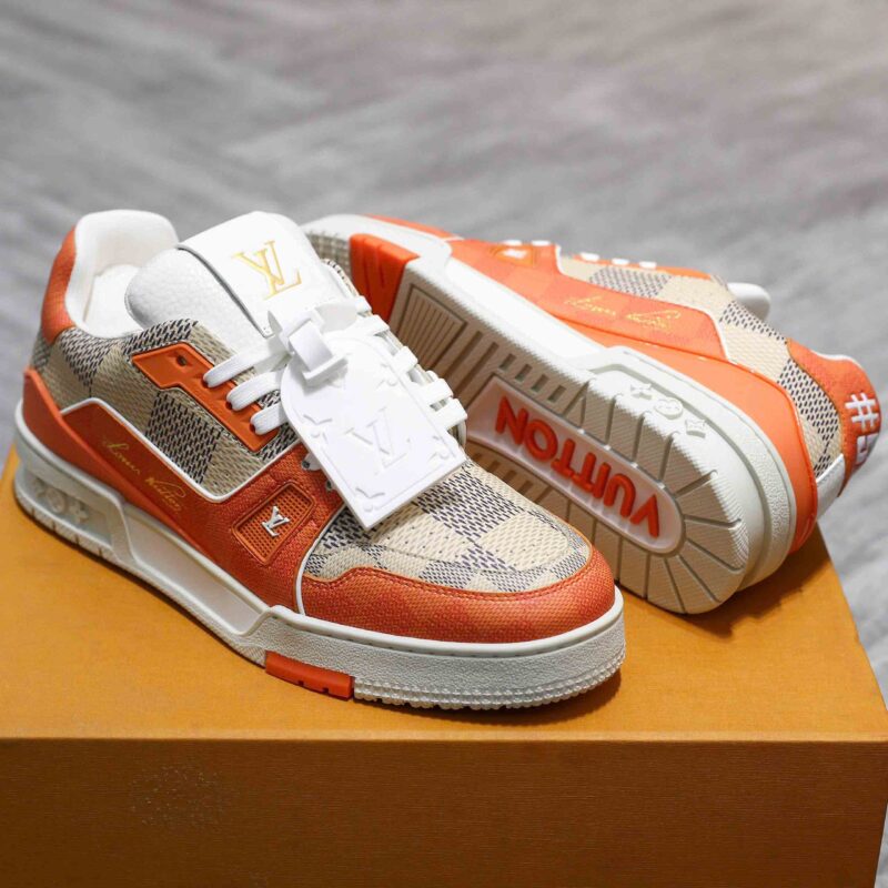 Giày Louis Vuitton LV Trainer Damier White Orange Like Auth