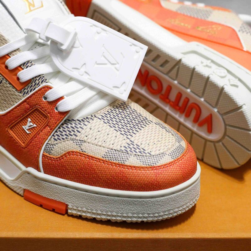 Giày Louis Vuitton LV Trainer Damier White Orange Like Auth