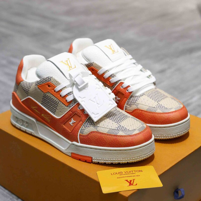 Giày Louis Vuitton LV Trainer Damier White Orange Like Auth