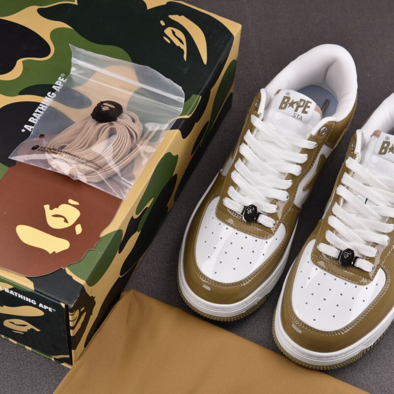 (BEST) A Bathing Ape Bape Sta Patent Leather 'WHITE KHAKI' (2023)
