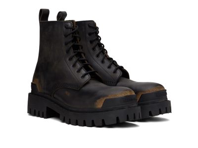 (BEST) Balenciaga Black & Brown Strike Lace-Up Boots Black Brown